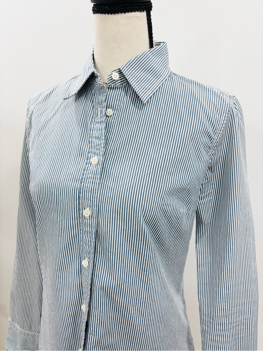 J. Crew Womens Navy/White Pin Stripe Button Down Cotton Tapered Blouse